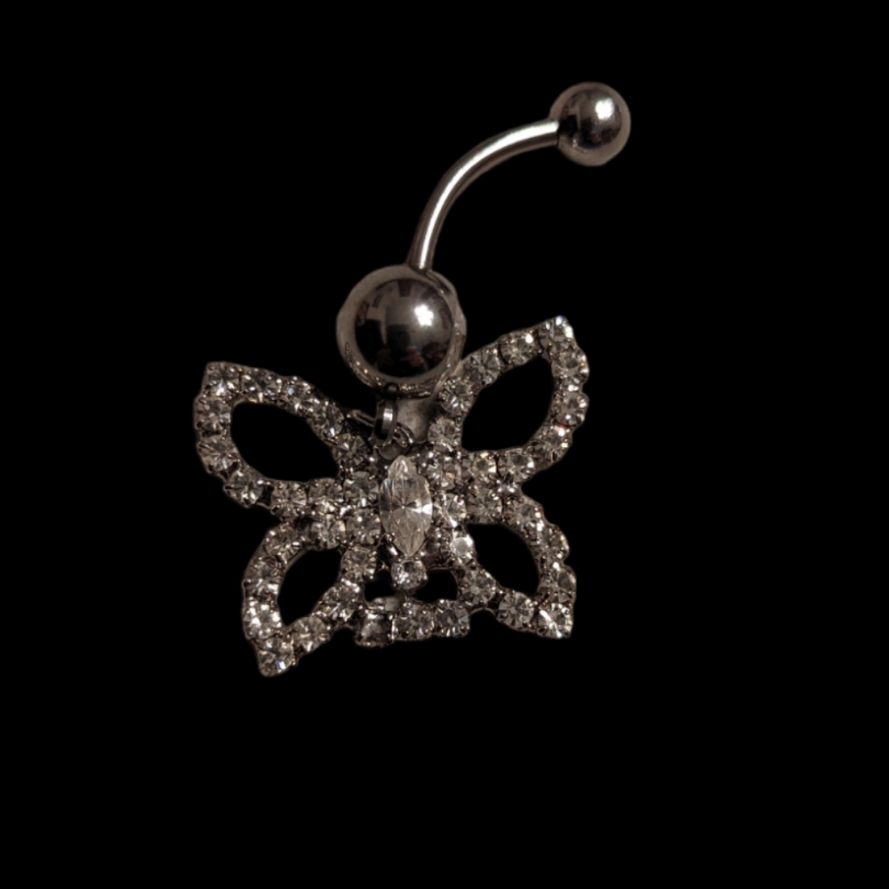 Silver Tone and White Rhinestone Butterfly Naval Ring
